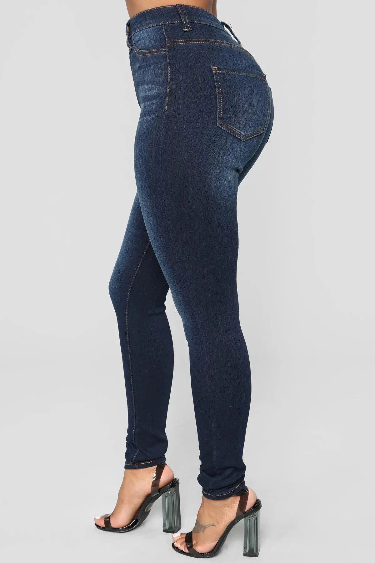 Women High Waist Stretch Hip Lift Denim Skinny Pants Jeans Full Length Sexy Slim Bleachded Solid Color Pants - MANDOTOS