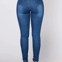 Mandotos women's high waist stretch denim skinny jeans with full-length, slim fit, solid color, and hip lift design.