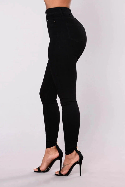 Women High Waist Stretch Hip Lift Denim Skinny Pants Jeans Full Length Sexy Slim Bleachded Solid Color Pants - MANDOTOS