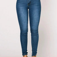 Mandotos women's high waist stretch denim skinny jeans with full length, solid color, and hip lift design.