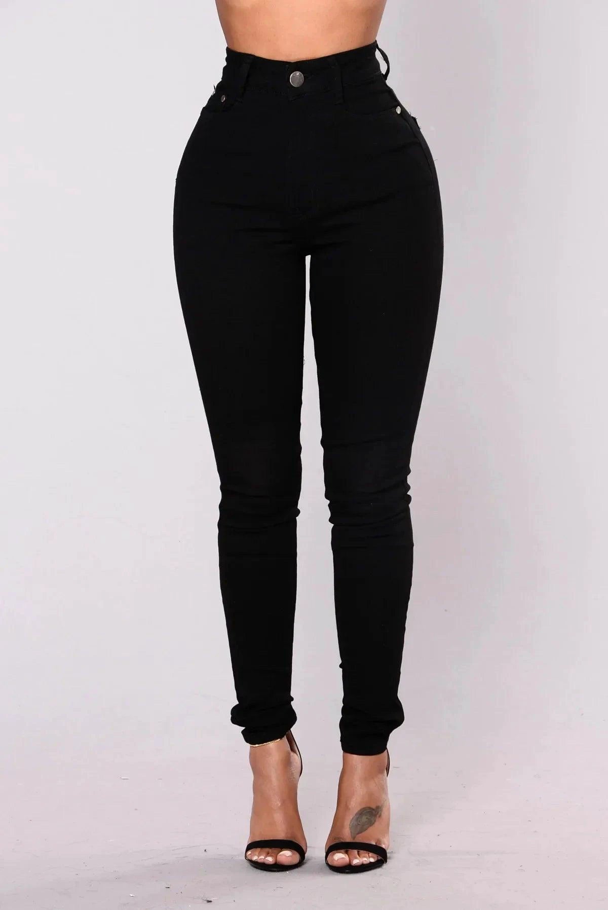 Mandotos women’s high waist stretch denim skinny jeans with full length, solid color, hip lift design, slim fit, and bleach effect.