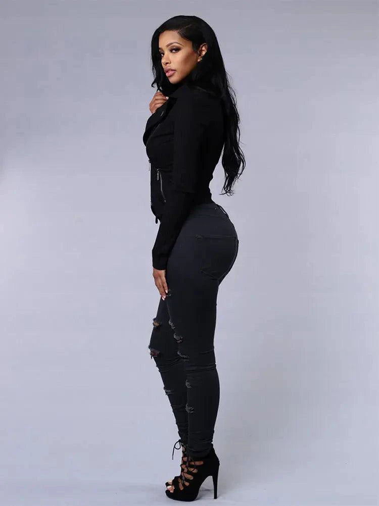 Mandotos women's high waist stretch skinny ripped washed denim jeans with holes, casual Y2K style, suitable for women.