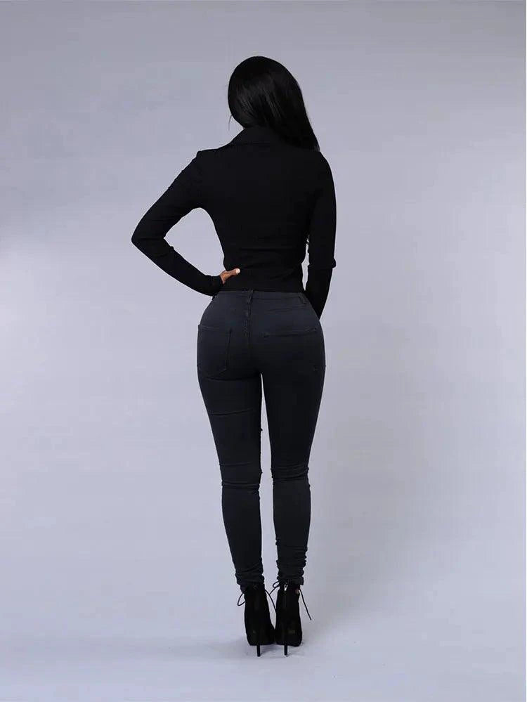 Mandotos women's high waist stretch skinny ripped denim jeans with washed finish, casual Y2K-style pencil pants for women.