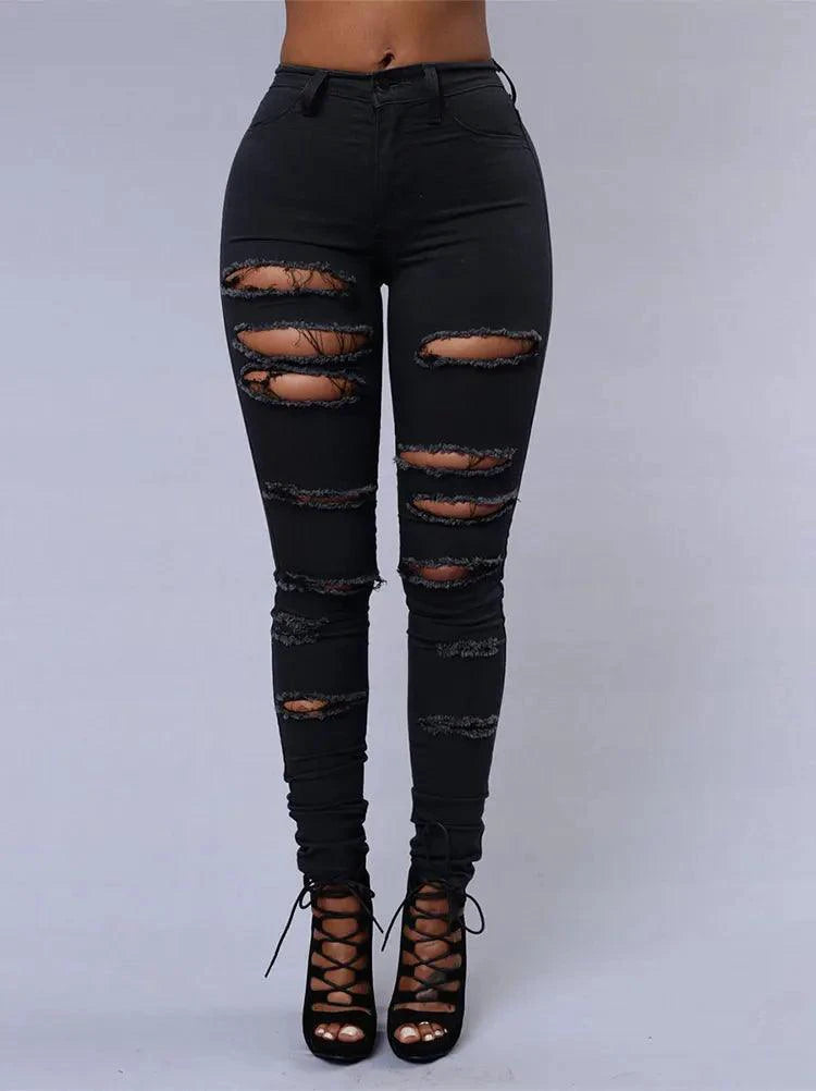 Mandotos women's high waist stretch skinny ripped denim jeans with washed finish, casual Y2K style, slim fit, and distressed details.