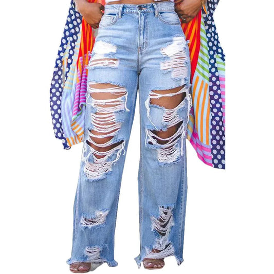 Mandotos women's burnt flower high waist jeans, casual denim trousers with trendy floral print, perfect for spring and summer wear.