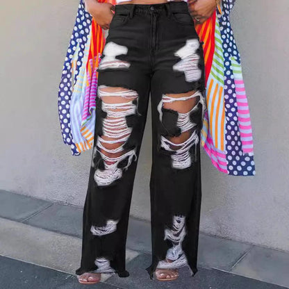 Burnt Flower High Waist Jeans - Trendy Women's Casual Denim Trousers for Spring/Summer 2025 - MANDOTOS