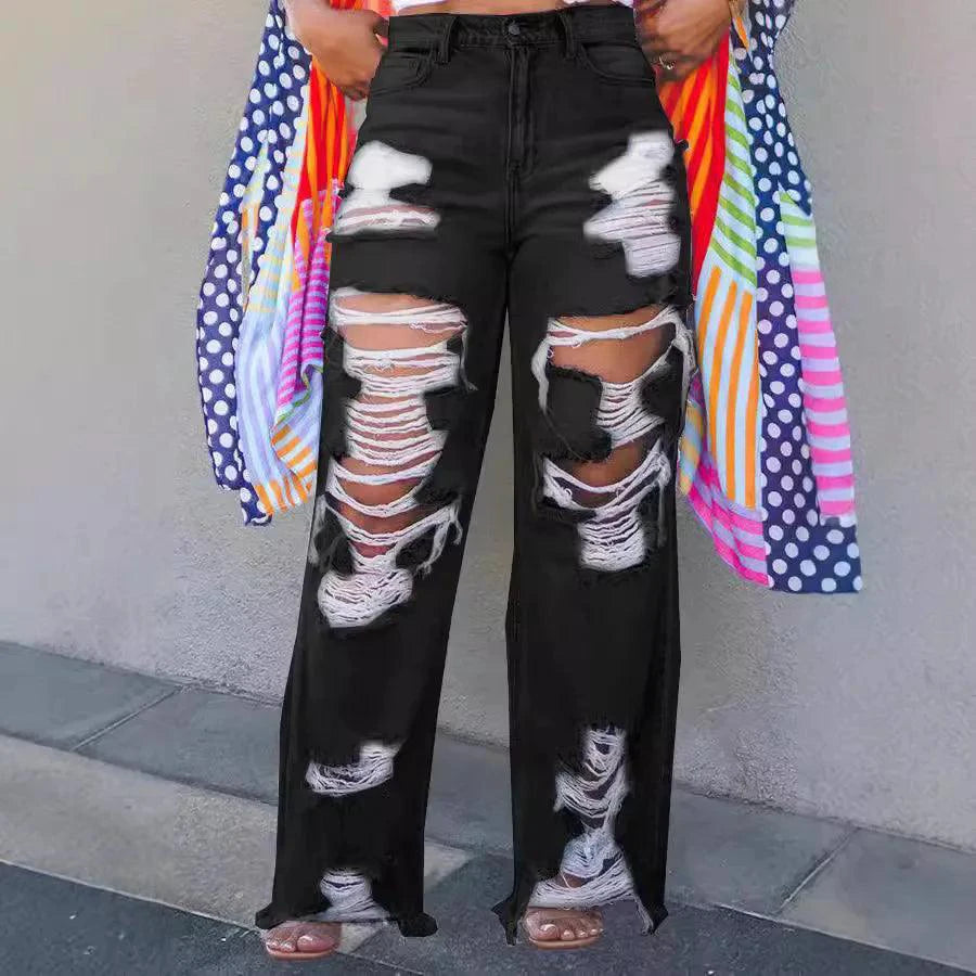 Mandotos Burnt Flower high waist jeans for women, casual denim trousers with floral design, perfect for spring and summer.