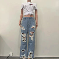 Mandotos burnt flower high waist jeans for women, trendy casual denim trousers perfect for spring and summer, with a stylish floral pattern.