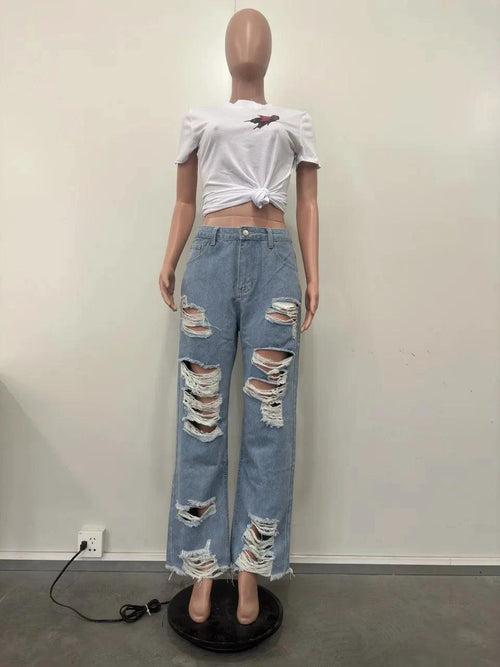 Mandotos burnt flower high waist jeans for women, trendy casual denim trousers perfect for spring and summer, with a stylish floral pattern.