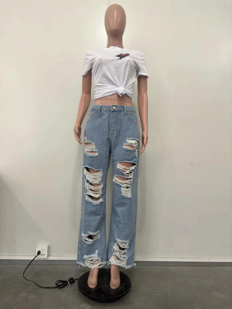 Mandotos burnt flower high waist jeans for women, trendy casual denim trousers perfect for spring and summer, with a stylish floral pattern.