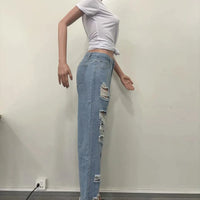 Mandotos Burnt Flower high waist jeans for women, casual denim trousers with floral print, ideal for spring and summer wear.
