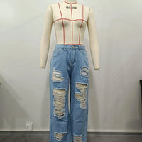 Mandotos Burnt Flower high waist jeans for women, casual denim trousers with floral design, perfect for spring and summer wear.