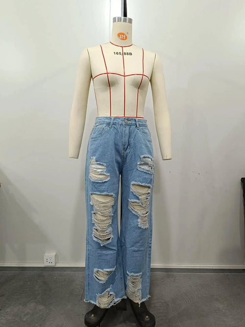 Mandotos Burnt Flower high waist jeans for women, casual denim trousers with floral design, perfect for spring and summer wear.