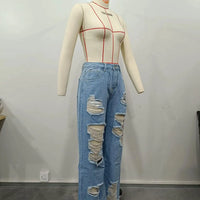 Mandotos Burnt Flower high waist jeans for women, casual denim trousers with floral design, perfect for spring and summer wear.