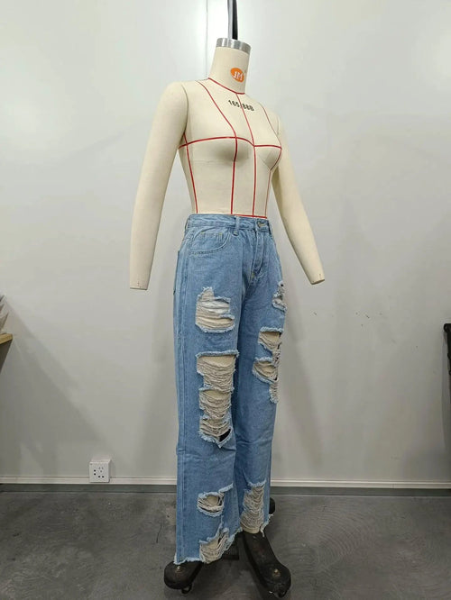 Mandotos Burnt Flower high waist jeans for women, casual denim trousers with floral design, perfect for spring and summer wear.