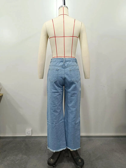 Burnt Flower High Waist Jeans - Trendy Women's Casual Denim Trousers for Spring/Summer 2025 - MANDOTOS