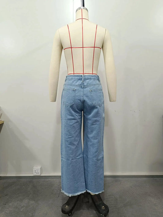 Mandotos burnt flower high waist women's jeans, casual denim trousers with floral print, perfect for spring and summer wear.