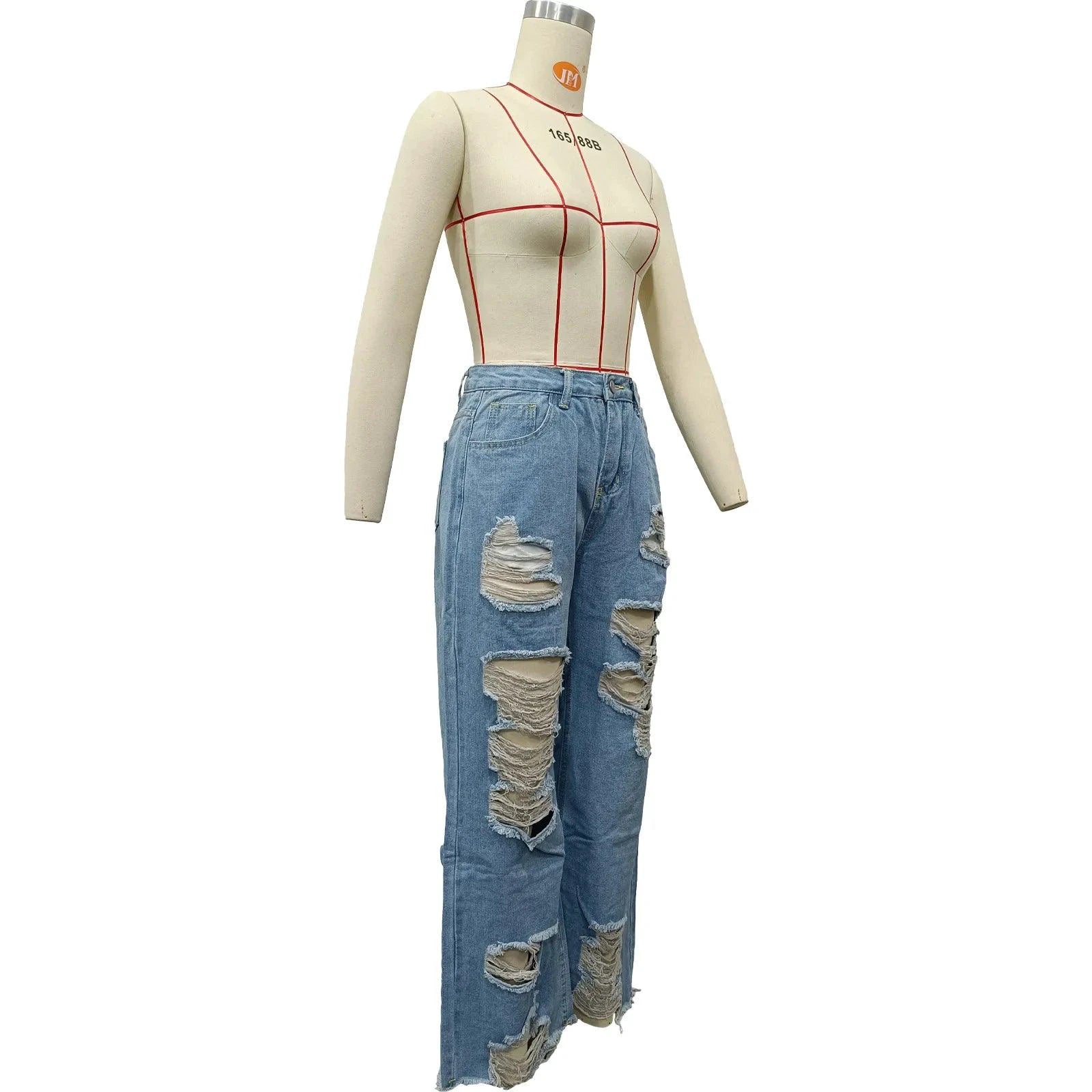 Burnt Flower High Waist Jeans - Trendy Women's Casual Denim Trousers for Spring/Summer 2025 - MANDOTOS