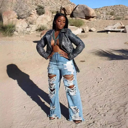 Jeans Women Long Pants Elegant Splice Denim Pant Slim Fit Sexy Hole High Waist Button Pocket Straight Trousers Summer 2024 - MANDOTOS