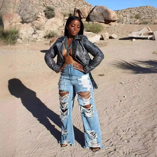 Jeans Women Long Pants Elegant Splice Denim Pant Slim Fit Sexy Hole High Waist Button Pocket Straight Trousers Summer 2024 - MANDOTOS