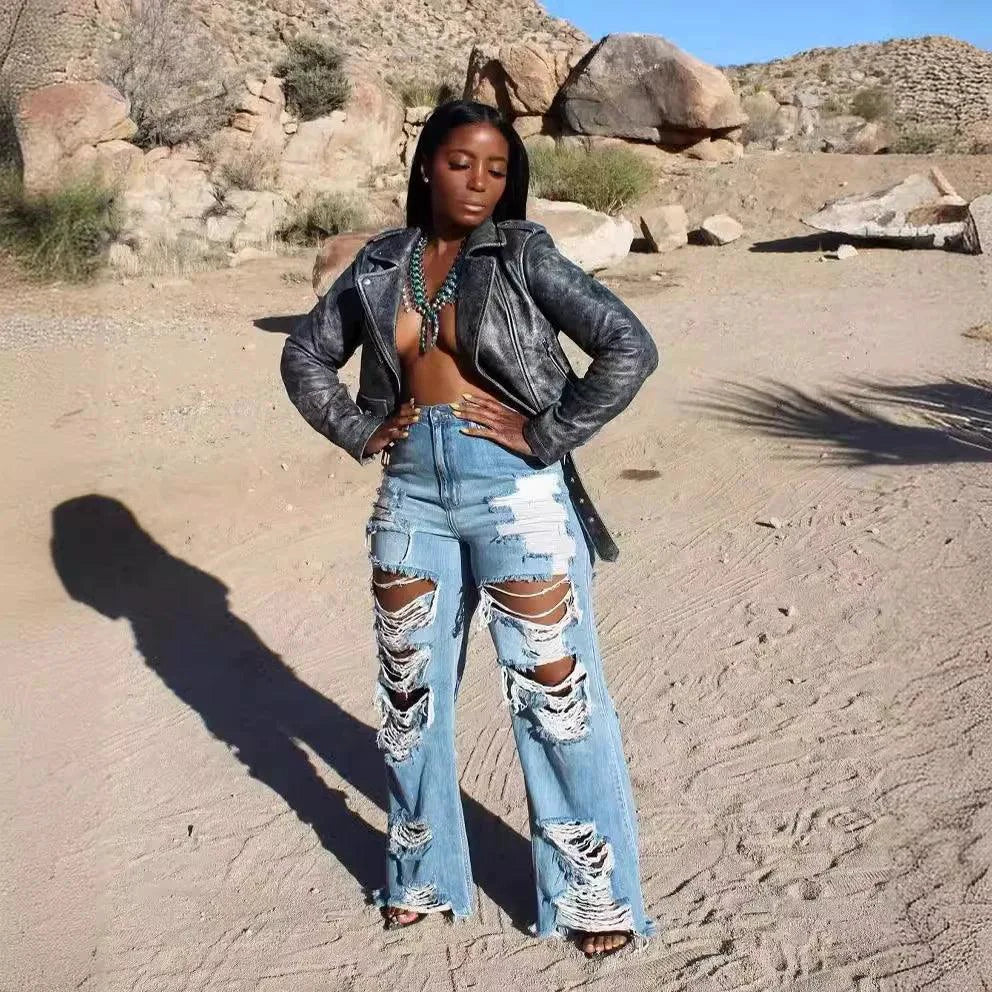 Mandotos women's high-waist slim-fit denim jeans with splice design, button pockets, and straight leg style for summer 2024.
