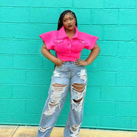 Mandotos women's slim fit high-waist denim jeans with splice design, button pockets, and straight-leg style for summer 2024.