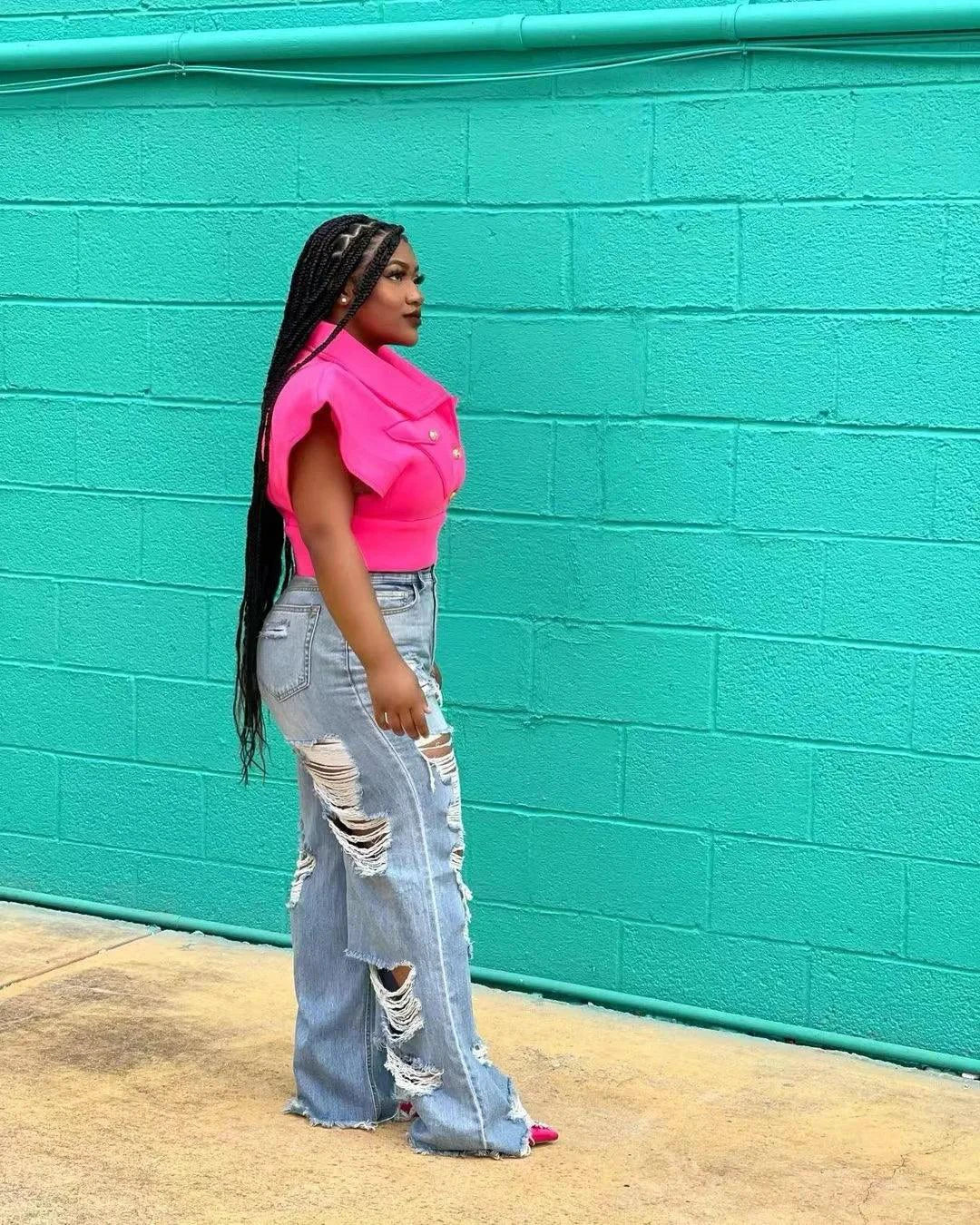 Jeans Women Long Pants Elegant Splice Denim Pant Slim Fit Sexy Hole High Waist Button Pocket Straight Trousers Summer 2024 - MANDOTOS
