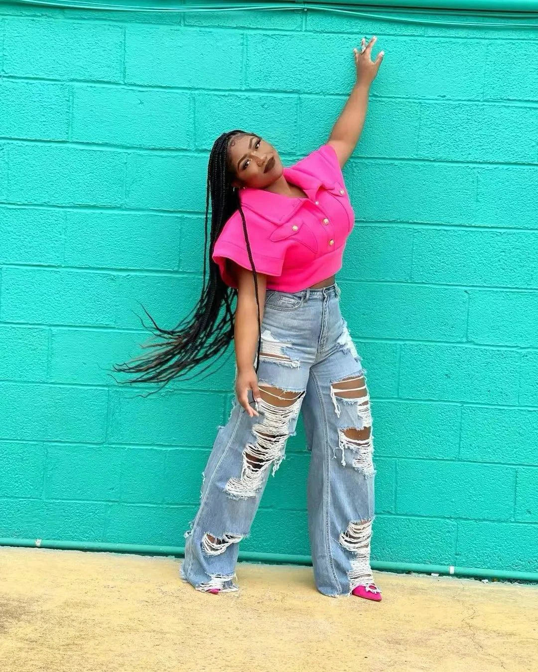 Jeans Women Long Pants Elegant Splice Denim Pant Slim Fit Sexy Hole High Waist Button Pocket Straight Trousers Summer 2024 - MANDOTOS