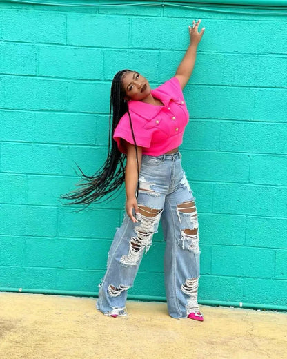 Jeans Women Long Pants Elegant Splice Denim Pant Slim Fit Sexy Hole High Waist Button Pocket Straight Trousers Summer 2024 - MANDOTOS