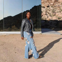 Mandotos women's slim fit denim jeans with high waist, button pockets, and stylish splice design perfect for summer 2024.