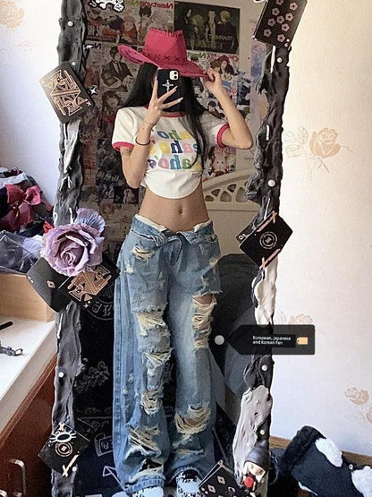 Plus Size American High Street Wide Leg Ripped Denim Women's Summer Retro High Waist Straight-leg Loose Mop Pants Pants - MANDOTOS