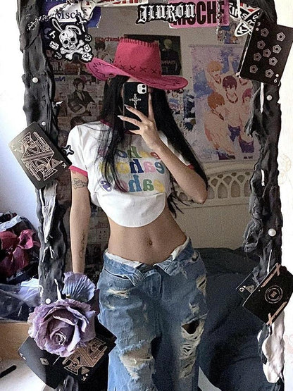 Plus Size American High Street Wide Leg Ripped Denim Women's Summer Retro High Waist Straight-leg Loose Mop Pants Pants - MANDOTOS
