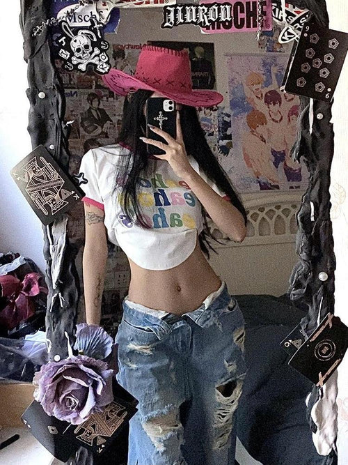 Plus Size American High Street Wide Leg Ripped Denim Women's Summer Retro High Waist Straight-leg Loose Mop Pants Pants - MANDOTOS