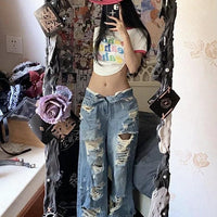 Plus size American high street wide-leg ripped denim women's summer pants with retro high waist and straight-leg fit by MANDOTOS.