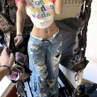 Plus size American high street ripped denim women’s summer wide-leg pants with retro high waist and straight-leg fit by MANDOTOS.