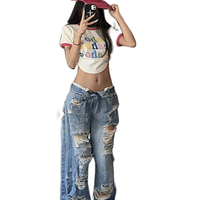 Mandotos women's plus size ripped denim wide-leg pants with high waist, summer retro style, straight-leg loose fit.