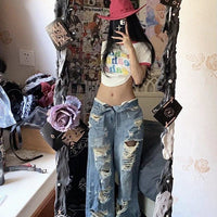 Plus size American high street ripped denim women's summer wide-leg straight-leg pants by MANDOTOS, high waist, retro style, loose fit.