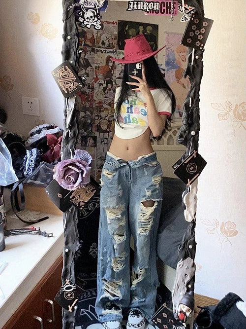Plus Size American High Street Wide Leg Ripped Denim Women's Summer Retro High Waist Straight-leg Loose Mop Pants Pants - MANDOTOS