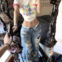 Plus size American high street wide leg ripped denim women's summer retro high waist straight-leg loose mop pants by MANDOTOS