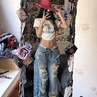 Plus size American high street wide leg ripped denim women's summer retro high waist straight-leg loose mop pants by MANDOTOS.
