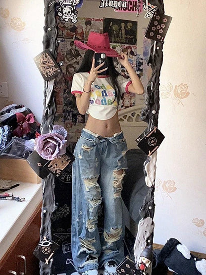 Plus Size American High Street Wide Leg Ripped Denim Women's Summer Retro High Waist Straight-leg Loose Mop Pants Pants - MANDOTOS