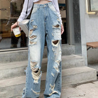 Plus size high waist straight-leg denim pants for women by MANDOTOS with American hole detailing, casual and comfortable fit.
