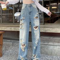 Plus size American Hole high waist straight-leg denim pants for women by MANDOTOS, showcasing fit and stylish design.