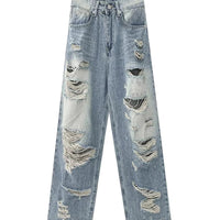 Plus size American Hole high waist straight-leg denim pants for women by MANDOTOS, showcasing stylish denim with distressed details.