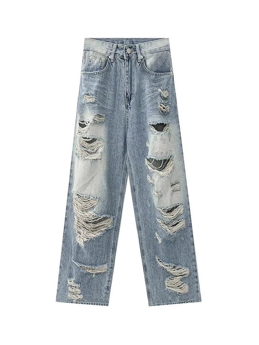 Plus Size American Hole Plus Size Ladies High Waist Straight-leg Denim - MANDOTOS