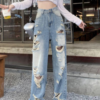 Plus size high waist straight-leg denim pants for women by MANDOTOS featuring American hole design and comfortable fit.