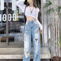 Plus size American Hole high waist straight-leg denim pants for women by MANDOTOS, showcasing fit and stylish design.