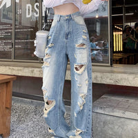 Plus size American Hole high waist straight-leg denim women’s pants by MANDOTOS, showcasing stylish distressed design and comfortable fit.
