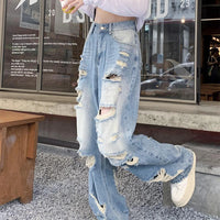 Plus size American Hole high waist straight-leg denim pants for women by MANDOTOS, showcasing fit and stylish denim design.