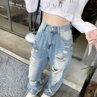 Plus size American Hole high waist straight-leg denim pants for women by MANDOTOS, showcasing fit and stylish design.